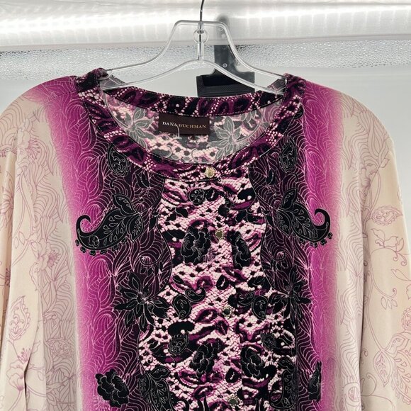 Dana Buchman Women's Floral Button Up Top Long Roll Tab Sleeve Size Medium - Picture 2 of 9